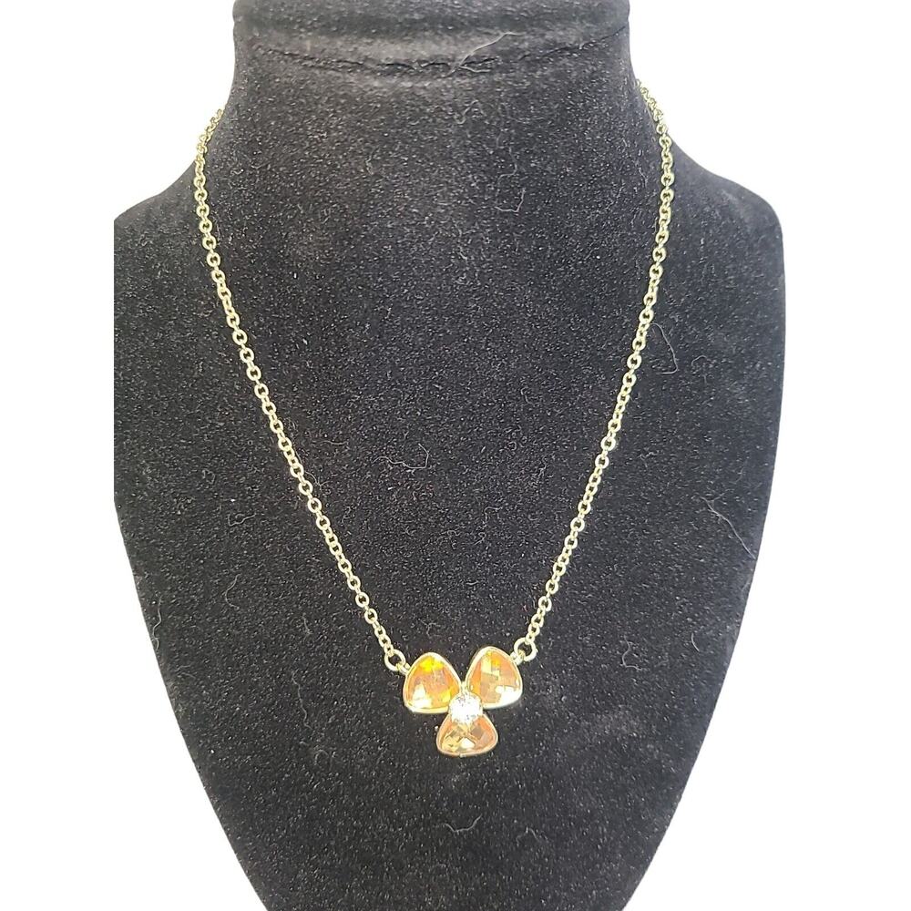 Anne Klein Gold Tone Flower‎ Pendant Necklace Cluster Amber Crystal 15"-18"